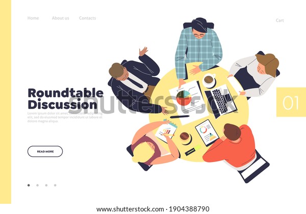 Business discussion concept of landing page\
with group of businesspeople working and brainstorming together.\
Business team meeting, teamwork and cooperation concept. Flat\
vector illustration