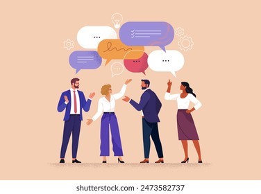 Business Discussion Concept. Vector cartoon full-length illustration in a flat style of various people talking to each other with bubbles over their heads. Isolated on background.