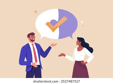 Business Discussion Concept. Vector cartoon illustration in flat style of man and woman talking to each other with big speech bubble-puzzle on top