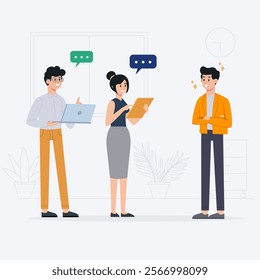 Business Discussion Concept. Vector cartoon illustration flat style of  people talking to each other with bubbles over their heads. Isolated background.