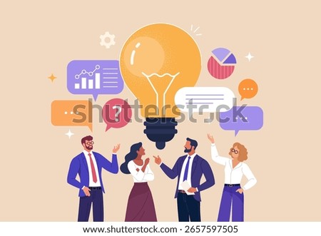 Business Discussion Concept. Vector cartoon full-length illustration in a flat style of various people talking to each other with bubbles and light bulb over their heads. Isolated on background.