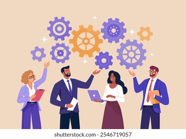 Business Discussion Concept. Vector flat style illustration of group of diverse smiling people in business outfits with gears on top talking to each other. Isolated on background 