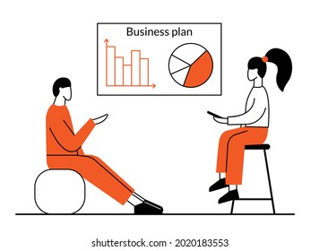 Business discussion, conference. A man and a woman discuss working moments. A screen with graphs and charts