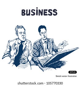 Business discussion. Hand drawn sketch illustration isolated on white background