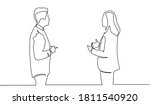 Business discussion of man and woman continuous line drawing one lineart design minimalist vector illustration. Single continuous line drawing of two young male and female startup founders.