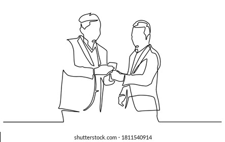 Business discussion of man and woman continuous line drawing one lineart design minimalist vector illustration. Single continuous line drawing of two young male and female startup founders.