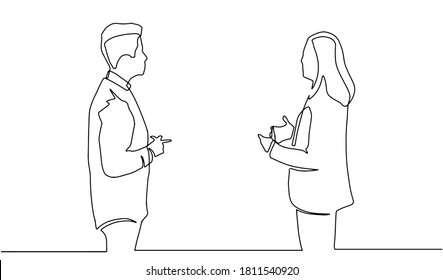 Business discussion of man and woman continuous line drawing one lineart design minimalist vector illustration. Single continuous line drawing of two young male and female startup founders.