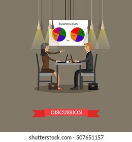 Business discussion in office with financial pie charts on a wall. Concept vector illustration in flat style design.