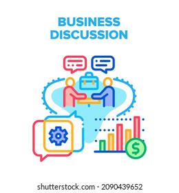 Concepto de icono del vector de la discusión empresarial. Socio De Discusión Empresarial Sobre Caso Y Cooperación, Asociación E Investigación De Gráfico Financiero. Discutir la ilustración de color del proceso