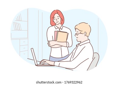 Business, discussion, report, work, team, coworking concept. Young businessman woman clerks managers coworkers cartoon characters working together in office. Financial analysis teamwork illustration.