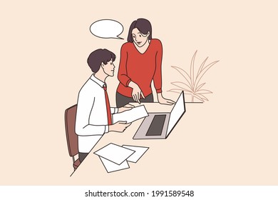 Business discussion, teamwork, office concept. Young man and business partners workers colleagues discussing thinks in office having brainstorming together vector illustration 