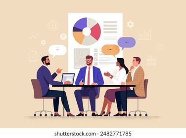 Business Discussion. Vector cartoon illustration in a flat style of a group of diverse people leading a discussion at a table near a whiteboard with charts and graphs. Isolated on background