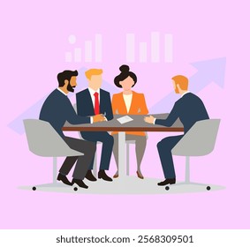 Business Discussion. Vector cartoon illustration in flat style of a group of diverse people leading a discussion at the table near diagrams and graphs