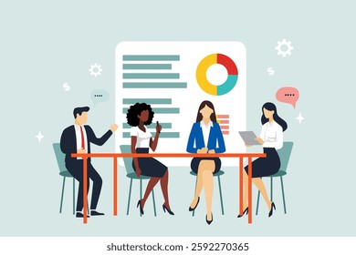 Business Discussion. Vector cartoon illustration in a flat style of a group of diverse people leading a discussion at a table near a whiteboard with charts and graphs. Isolated on background