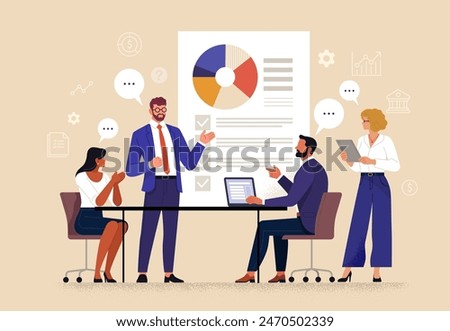 Business Discussion. Vector cartoon illustration in a flat style of a group of diverse people leading a discussion at a table near a whiteboard with charts and graphs. Isolated on background