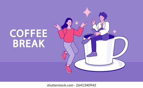 Business discussion while having coffee or brainstorming after meeting break. Coffee break. cafe after classes, having cappuccino and chatting. flat vector outline illustration.