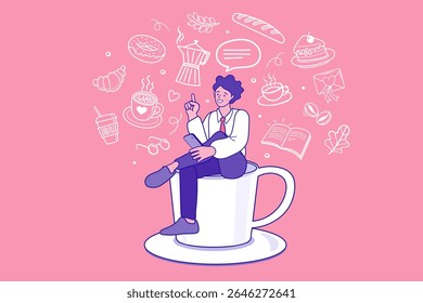Business discussion while having coffee or brainstorming after meeting break. Coffee break. cafe after classes, having cappuccino and chatting. flat vector outline illustration.