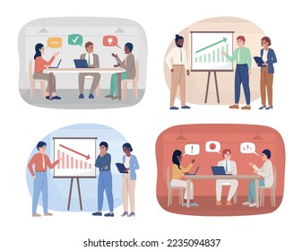 Business discussions 2D vector isolated illustrations set. Corporate strategy flat characters on cartoon background. Colorful editable scenes pack for mobile, website, presentation