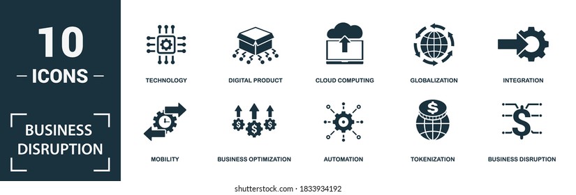 Business Disruption Icon Set. Collection Of Simple Elements Such As The Innovation, Big Data, Change, Digitization. Business Disruption Theme Signs.