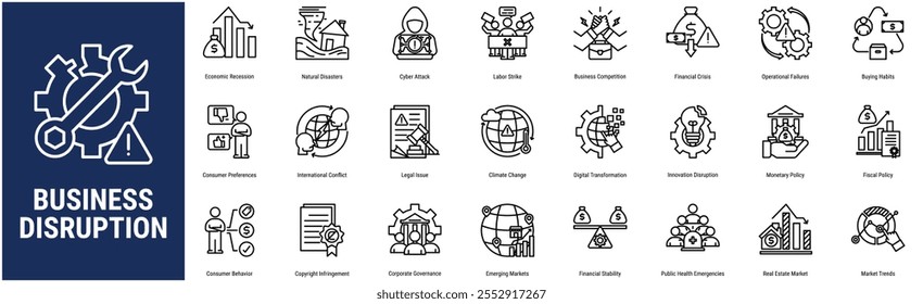 Iconset de interrupção de negócios com recessão econômica, desastres naturais, ataque cibernético, greve de trabalhadores, concorrência empresarial, crise financeira, falhas operacionais, hábitos de compra, preferências dos consumidores