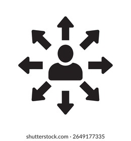 Business distribution and delegation icon with a central person and multiple arrows representing multitasking management and skill sharing vector solid glyph icon