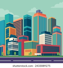 Business district in city vector illustration. Modern high-rise office buildings. Cityscape concept