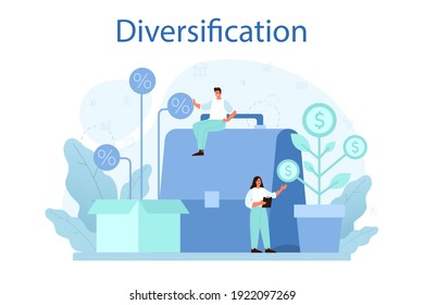 Concepto de diversificación empresarial. Estrategia de gestión de riesgos, proceso de asignación de capital. Equilibrio financiero y reducción del riesgo de inversión. Ilustración vectorial plana aislada