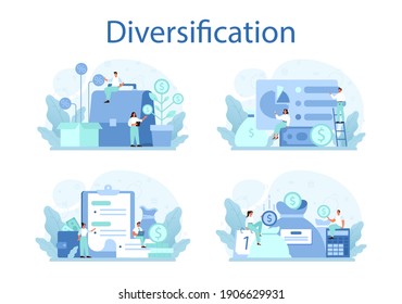 Business diversification concept set. Risk management strategy, process of capital allocation. Finance balance and investment risk reduction. Isolated flat vector illustration