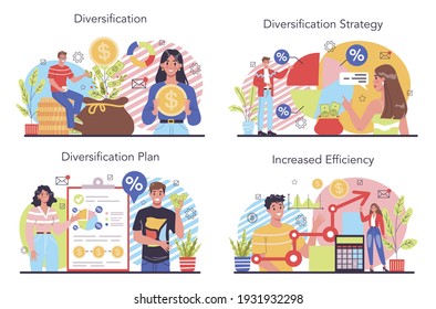 Business Diversification Concept Set. Risk Management Strategy, Process Of Capital Allocation. Finance Balance And Investment Risk Reduction. Isolated Flat Vector Illustration