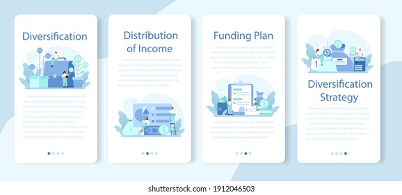 Business diversification mobile application banner set. Risk management strategy, process of capital allocation. Finance balance and investment risk reduction. Isolated flat vector illustration