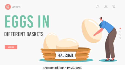 Business Diversification and Risk Management Strategy for Investment or Saving Landing Page Template. Tiny Female Character Put Egg in Basket with Real Estate. Cartoon People Vector Illustration