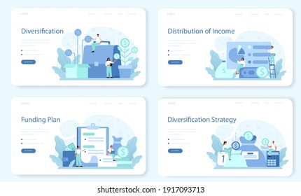 Business Diversification Web Banner Or Landing Page Set. Risk Management Strategy, Process Of Capital Allocation. Finance Balance And Investment Risk Reduction. Isolated Flat Vector Illustration