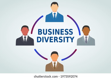 Business diversity illustration vector isolated on white background. Text, lines, and cartoon business people in different suit dress. Working together, office, company, partnership,teamwork concept.