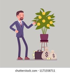 Business dividends grow. Young businessman, shareholder standing at green and gold money tree, gathering company earnings and good corporate profit. Vector flat style cartoon illustration