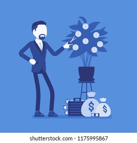 Business dividends grow. Young businessman, shareholder standing at green and gold money tree, gathering company earnings and good corporate profit. Vector illustration, faceless characters