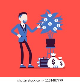 Business dividends grow. Young businessman, shareholder standing at green and gold money tree, gathering company earnings and good corporate profit. Vector illustration, faceless characters