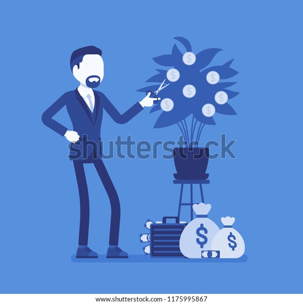 Business\
dividends grow. Young businessman, shareholder standing at green\
and gold money tree, gathering company earnings and good corporate\
profit. Vector illustration, faceless\
characters