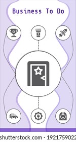 business to do editable infographic template with icons of Trophy, Dressing room, Car, Arab woman, Gear, Startup, Torch