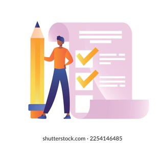 Business to do list concept. Man with large pencil notes completed tasks. Goal setting, vision and motivation, self development, ambition and career, leadership. Cartoon flat vector illustration