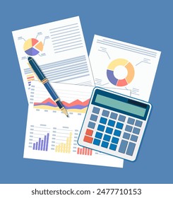 Concepto de documento comercial. imagen del informe financiero con gráficos, calculadora y lápiz. Ilustración vectorial en estilo plano