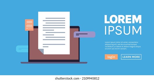 Business document contract on laptop screen and business data web homepage flat vector illustration.