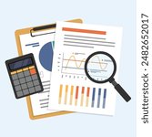 Business document data analysis with magnifying glass and calculator, Document on paper holder and clipboard, Auditing financial documents, flat vector illustration.