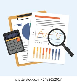 Business document data analysis with magnifying glass and calculator, Document on paper holder and clipboard, Auditing financial documents, flat vector illustration.