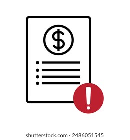 business document with exclamation mark, financial problem and risk icon vector