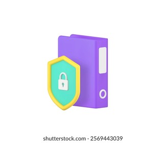 Business document file data protection security storage 3d icon realistic vector illustration. Database protect with lock shield and folder archive insurance privacy safety guarding encryption