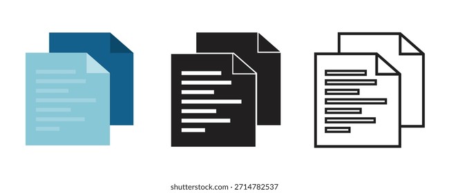 Conjunto de iconos de archivo y documento comercial con símbolos de papel y texto en estilos plano, sólido y de esquema. Adecuado para trabajos de oficina, documentación, informes, contratos y comunicación corporativa.