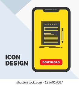 Business, document, file, paper, presentation Glyph Icon in Mobile for Download Page. Yellow Background