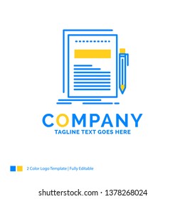 Business, document, file, paper, presentation Blue Yellow Business Logo template. Creative Design Template Place for Tagline.