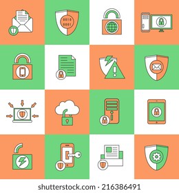 Business document and files protection technology and online network security icons set line flat vector illustration