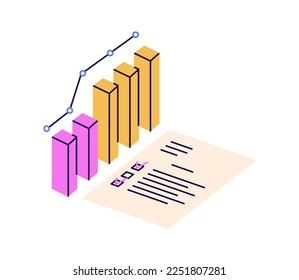 Business document with financial growing graph. Accounting paper report, research with finance chart, data. Economic information concept. Flat vector illustration isolated on white background